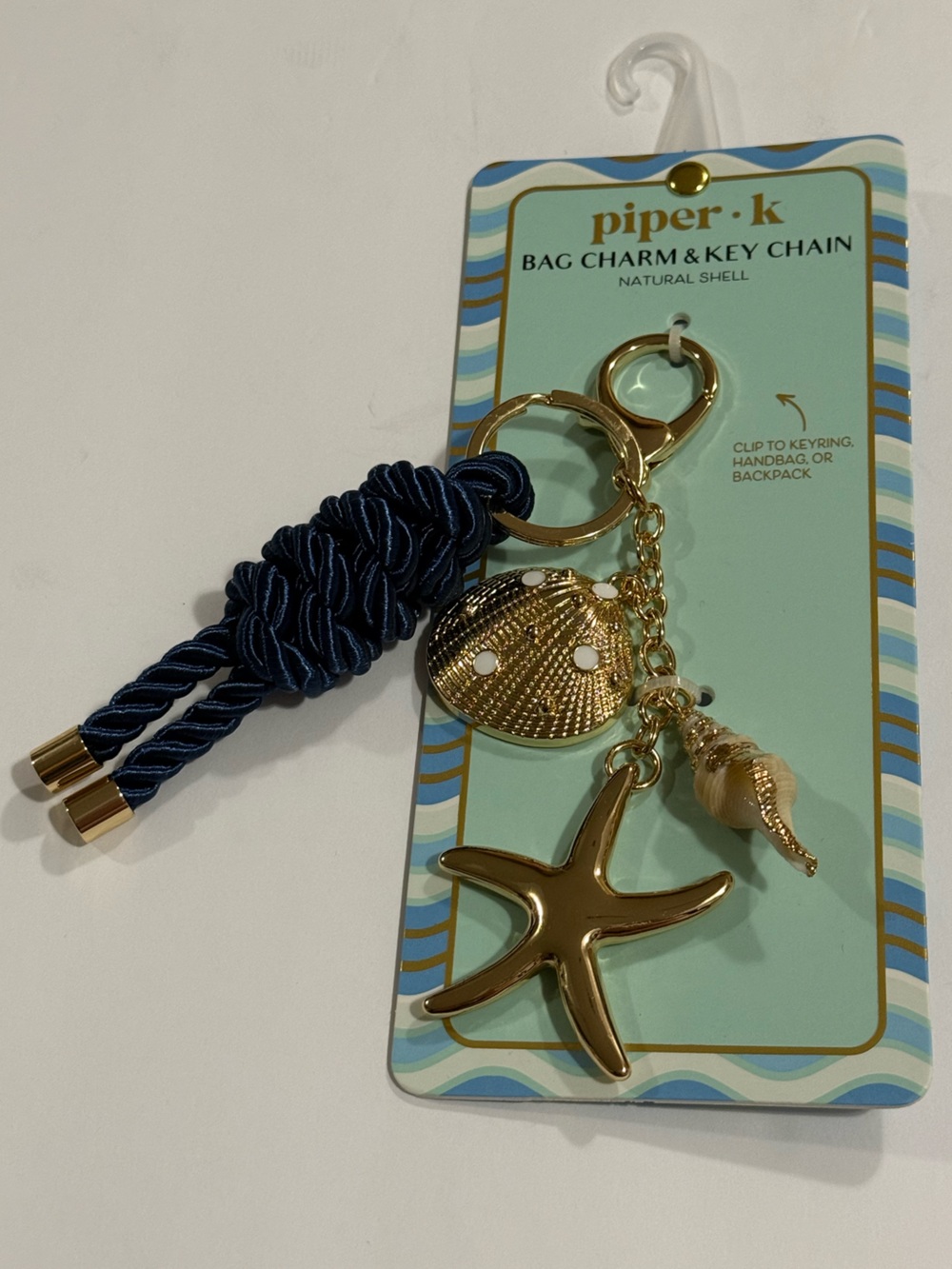 Piper K Gold Starfish & Shell Bag Charm with Navy Tassel - New